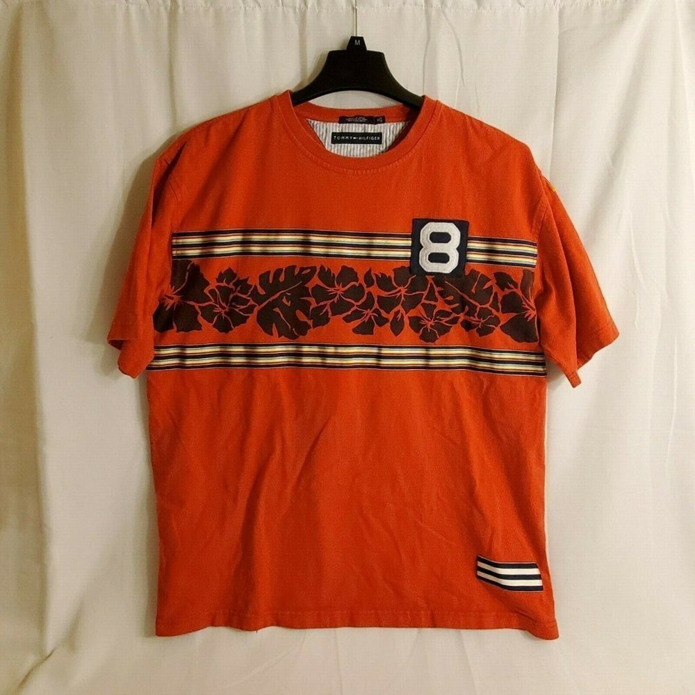 Tommy Hilfiger Number 8 T-Shirt Red with Stripes, Badging, And Floral Vintage